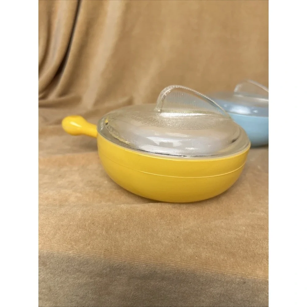 GLASBAKE GLASS CASSEROLE BOWL SET OF 4 W/ 3 LIDS VINTAGE 1950's MCM